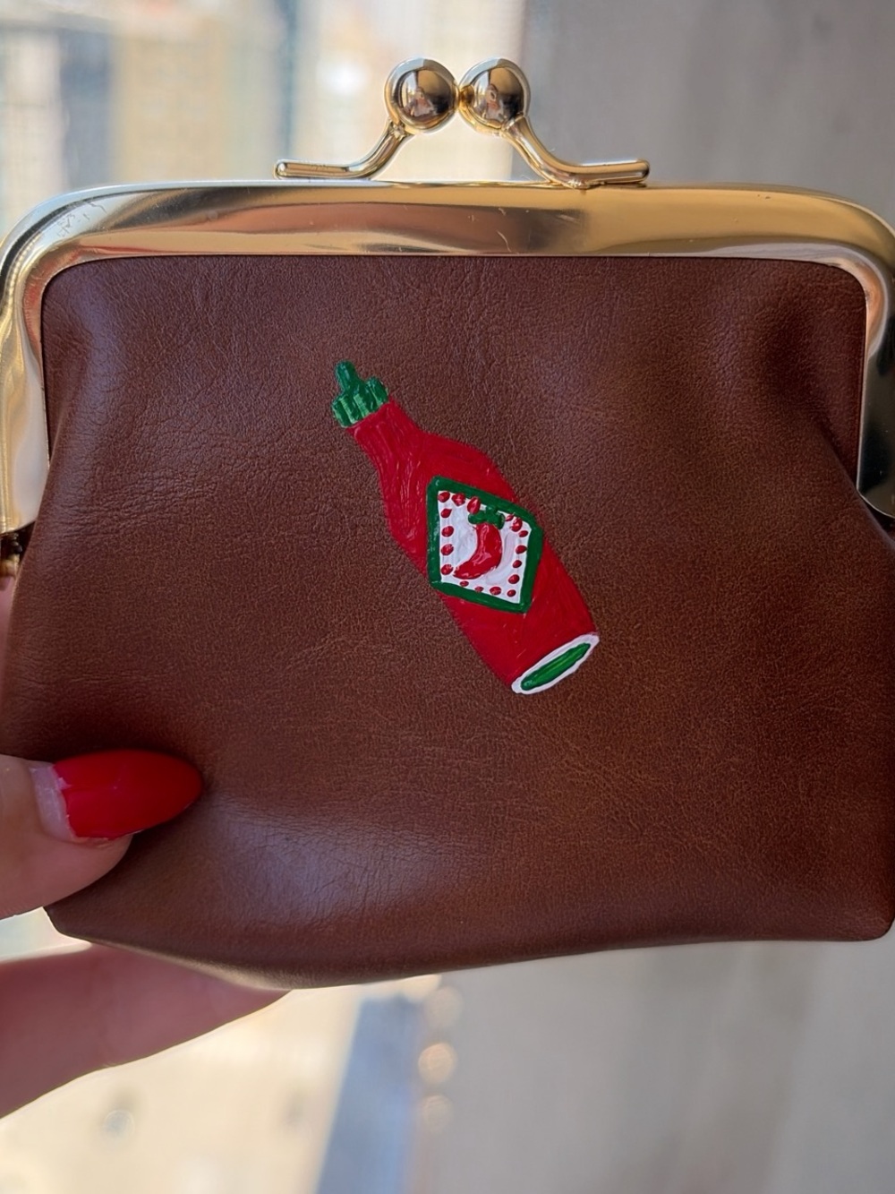 Hand painted leather hot sauce coin purse